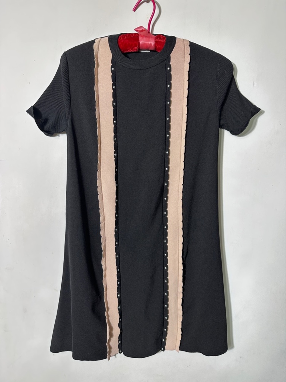 RED Valentino Pearl Studded Ruffle Detail Knit T-Shirt Dress